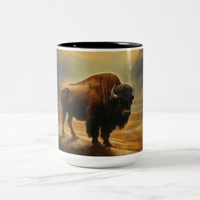 Buffalo Bison Sunset Silhouette  Two-Tone Coffee Mug (Center)