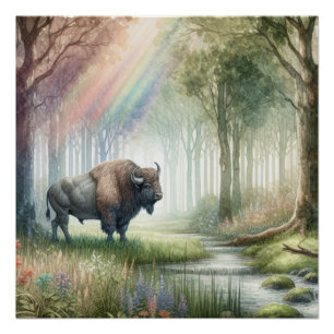 Buffalo Bison Whimsical Forest Landscape Art Poster
