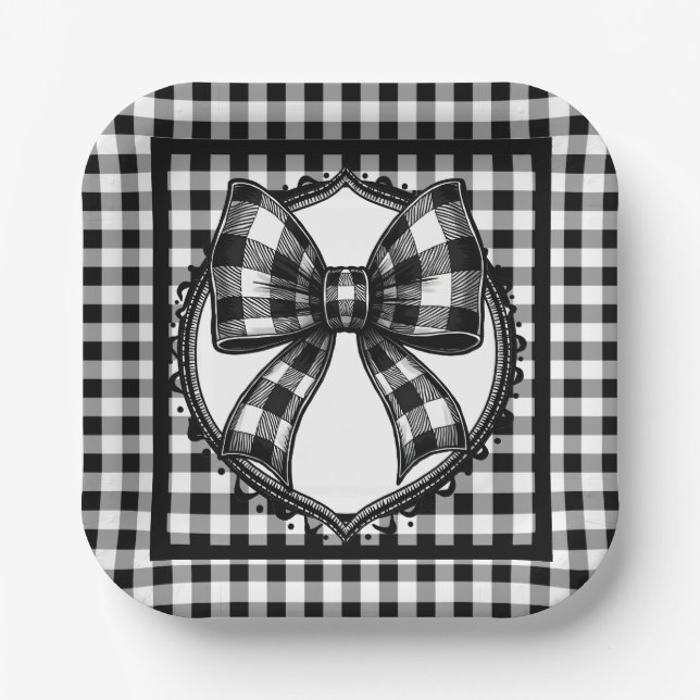 Buffalo Black Plaid Country Bow Paper Plate (Front)