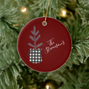 Buffalo Check Black Pine Tree Personalised Name Ceramic Ornament