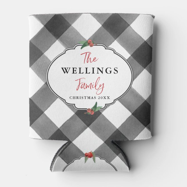 Buffalo Check Black & White Christmas Party Dated Can Cooler (Front)