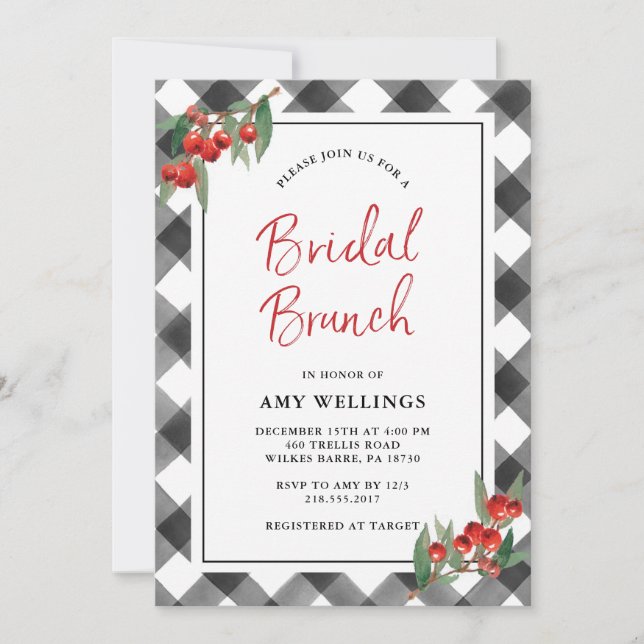 Buffalo Check Black & White Custom Bridal Brunch Invitation (Front)