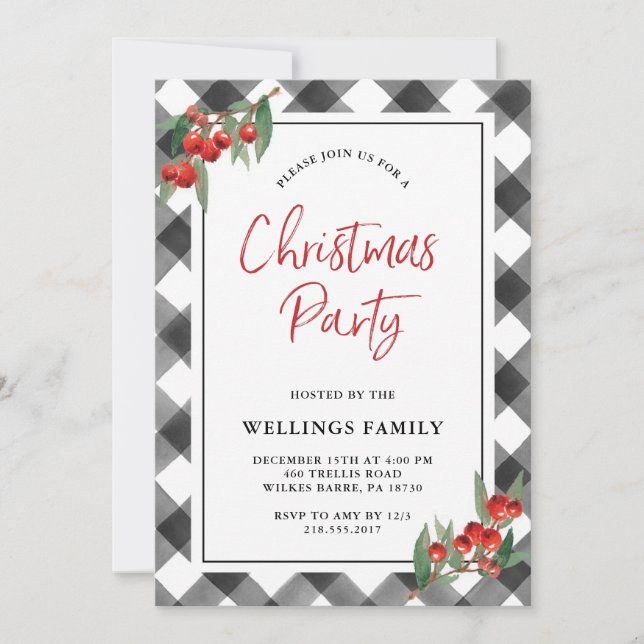Buffalo Check Black & White Custom Christmas Party Invitation (Front)
