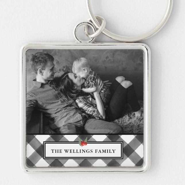 Buffalo Check Black & White Rustic Custom Photo Key Ring (Front)