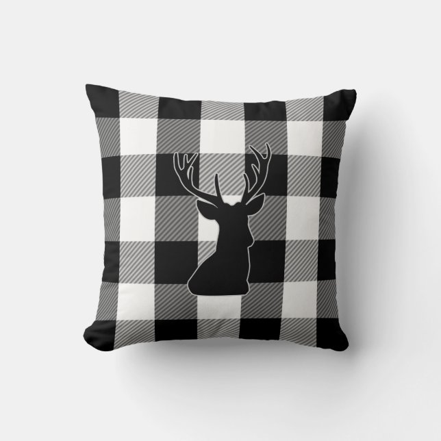 Buffalo Check Black White | Rustic Plaid Deer Cushion (Front)