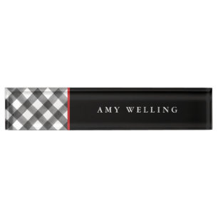 Buffalo Check Black & White Teacher Office Cubicle Nameplate