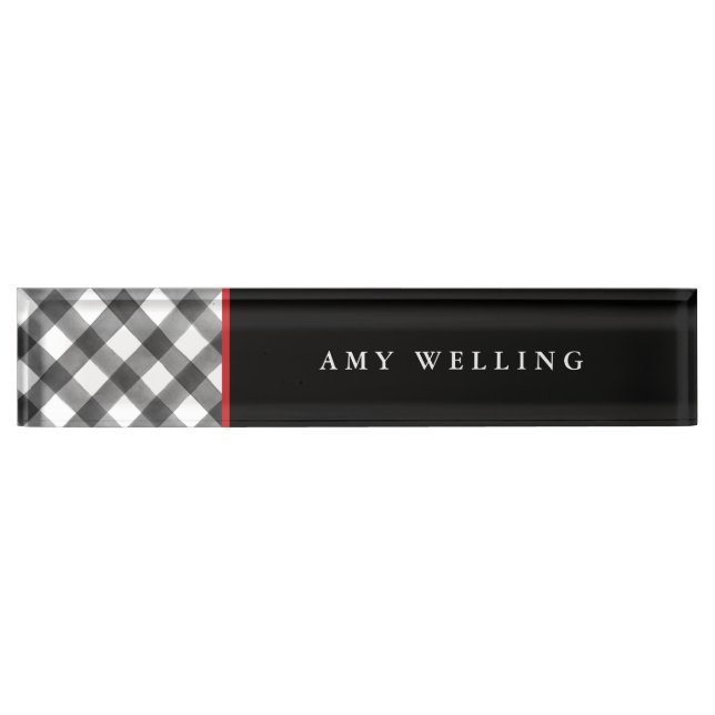 Buffalo Check Black & White Teacher Office Cubicle Nameplate (Front)