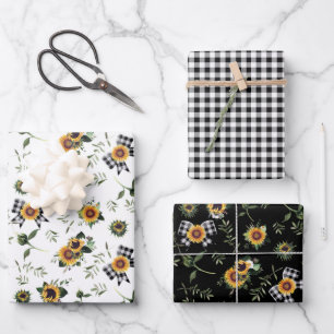 Buffalo Check Bow & Sunflower Trio Wrapping Paper