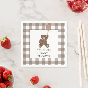 Buffalo Check Brown White Teddy Bear Baby Shower Napkin