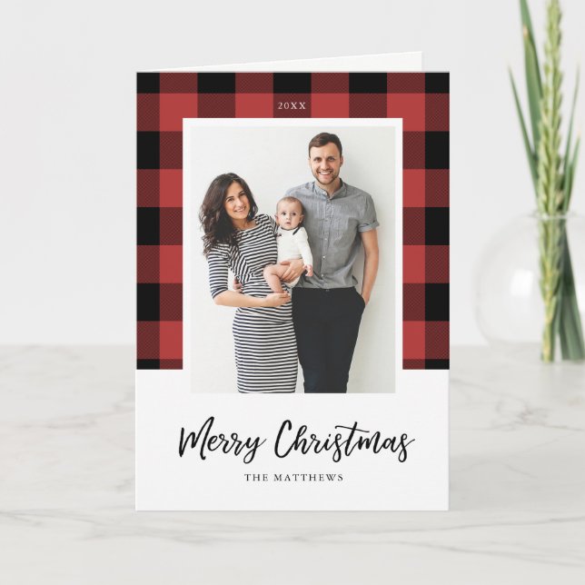 Buffalo Check Christmas Photo Greeting Card (Front)