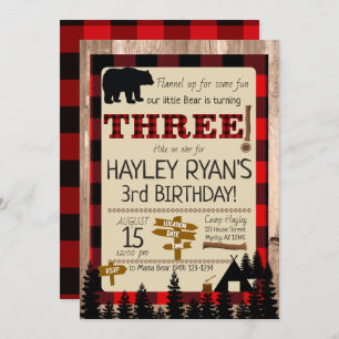 Buffalo Check Flannel Little Bear 3rd Birthday Invitation
