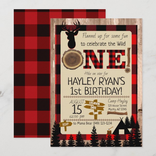 Buffalo Check Flannel Wild One Deer 1st Birthday Invitation (Front/Back)