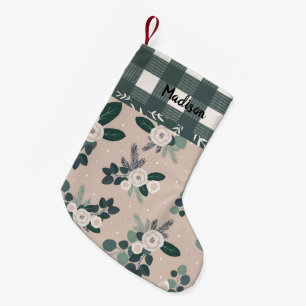 Buffalo Check Gingham Name Hunter Green Floral Small Christmas Stocking