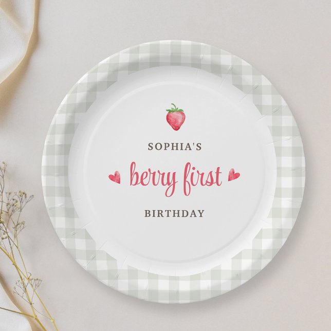 Buffalo Check Girl's Berry First Birthday Party Paper Plate (Creator Uploaded)