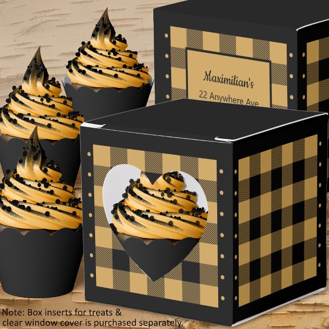 Buffalo Check - Gold and Black - Heart Favour Box (Buffalo Check - Gold and Black - Heart Favor Box - Cupcakes - by Leapfroglisics Shop)