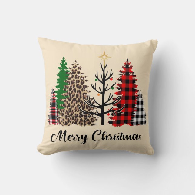 Buffalo Check Leopard Print Bare Pine Christmas Cushion (Front)