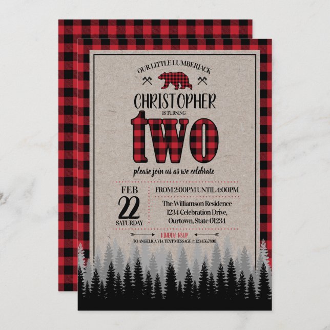 Buffalo Check Lumberjack Boy's 2nd Birthday Invitation (Front/Back)
