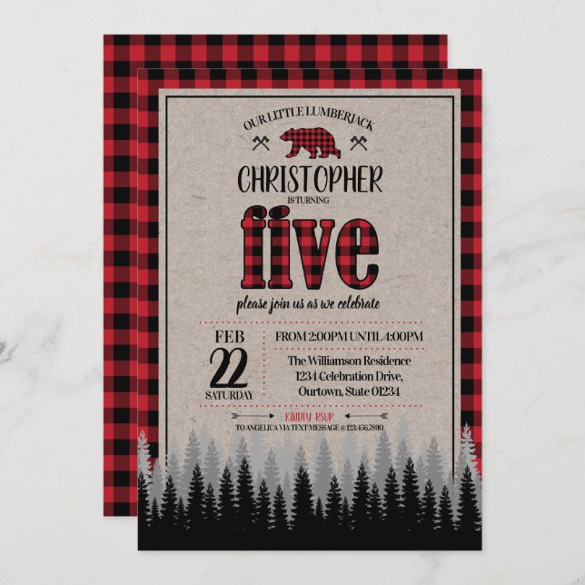 Buffalo Check Lumberjack Boy's 5th Birthday Invitation (Front/Back)