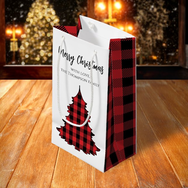 Buffalo Check Merry Christmas Custom Small Gift Bag (Merry Christmas holiday Buffalo Plaid Christmas Tree gift bag.)