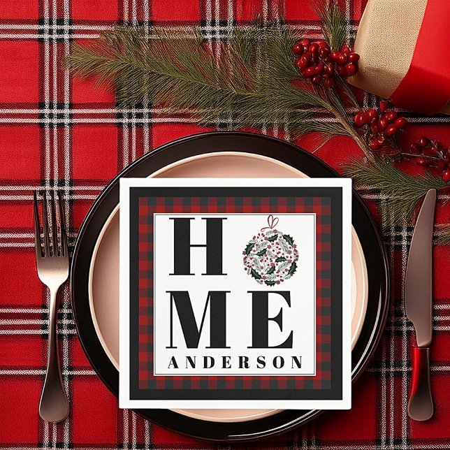 Buffalo check ornament "Home" personalised Napkin (Creator Uploaded)