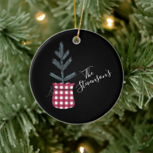 Buffalo Check Pine Tree Personalised Name Ceramic Ornament