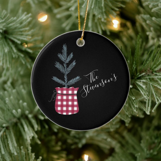 Buffalo Check Pine Tree Personalised Name Ceramic Ornament (Tree)