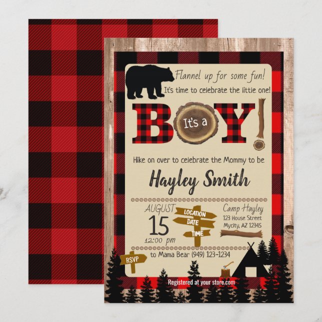 Buffalo Check Plaid Bear Lumberjack Baby Shower Invitation (Front/Back)