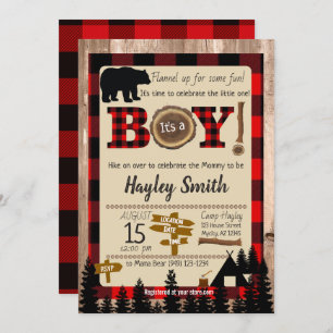 Buffalo Check Plaid Bear Lumberjack Baby Shower Invitation