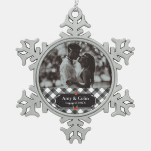 Buffalo Check Plaid Black & White Engaged Fiance Snowflake Pewter Christmas Ornament