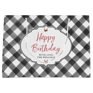 Buffalo Check Plaid Black & White Happy Birthday Large Gift Bag