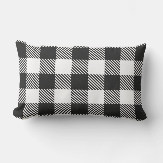 Buffalo Check Plaid Black White Outdoor Lumbar Cushion (Front)
