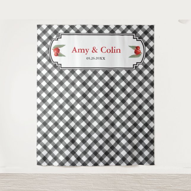Buffalo Check Plaid Black & White Wedding Shower Tapestry (Front)