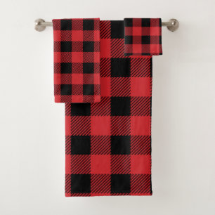 Buffalo check plaid Christmas pattern red black Bath Towel Set