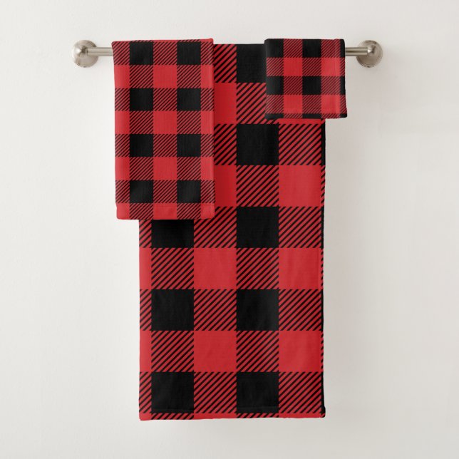 Buffalo check plaid Christmas pattern red black Bath Towel Set (Insitu)