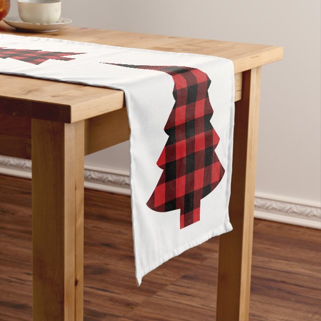 Buffalo Check Plaid Merry Christmas Tree Pattern Short Table Runner (In Situ)