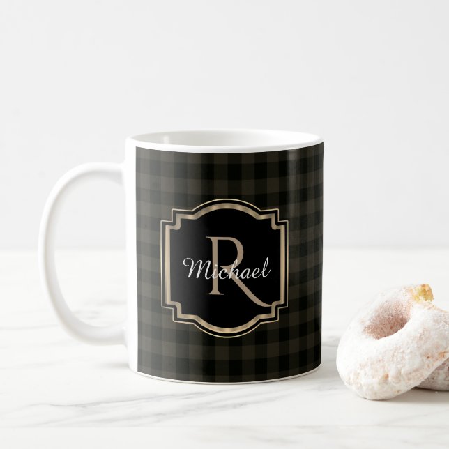 Buffalo Check Plaid Monogram Coffee Mug (With Donut)