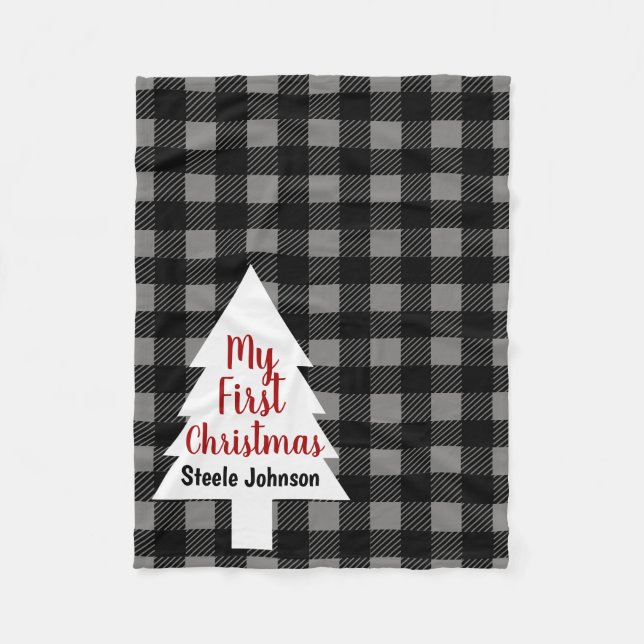Buffalo Check Plaid & Tree My First Christmas Fleece Blanket (Front)