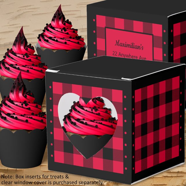 Buffalo Check - Red and Black - Lumberjack Heart Favour Box (Buffalo Check - Red and Black - Lumberjack Heart Favor Boxes - Cupcakes - by Leapfroglisics Shop)