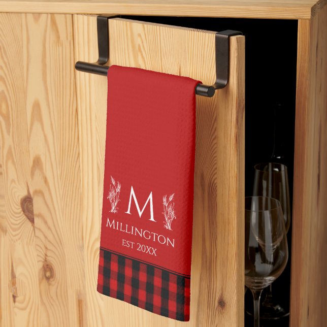 Buffalo Check Red and Black Plaid Custom Monogram Tea Towel (Thirds Fold)