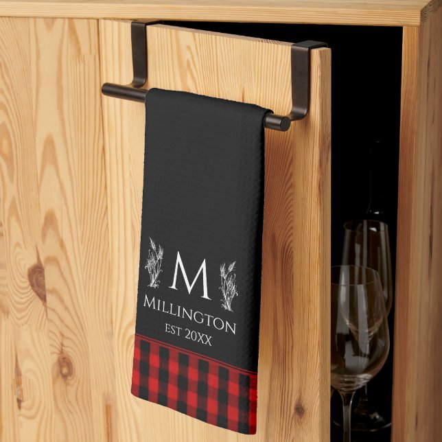 Buffalo Check Red & Black Plaid Personalised Name Tea Towel (Thirds Fold)