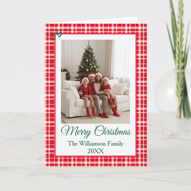 Buffalo Check Style Photo Frame Merry Christmas Card (Front)