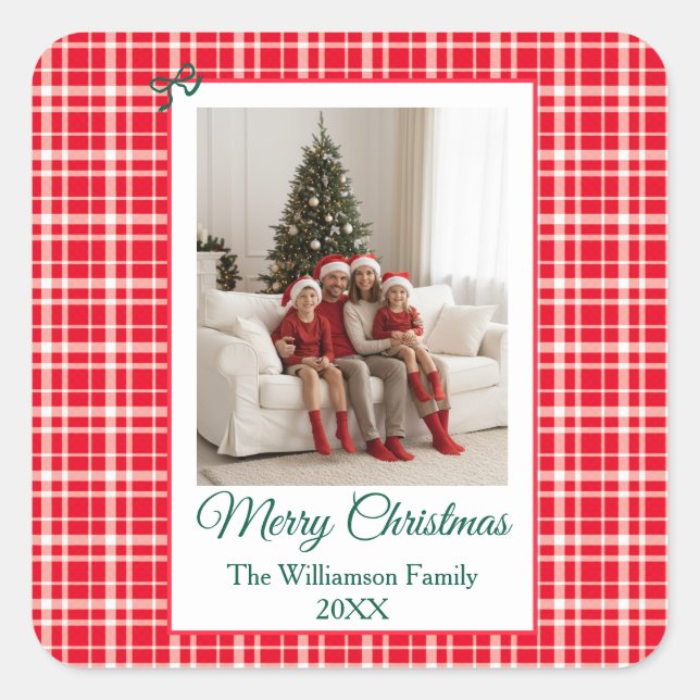 Buffalo Check Style Photo Frame Merry Christmas Square Sticker (Front)