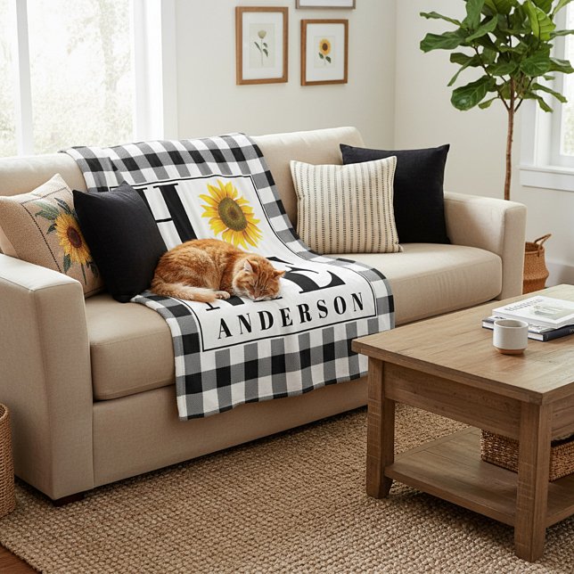 Buffalo check sunflower "Home" personalised Fleece Blanket (Creator Uploaded)