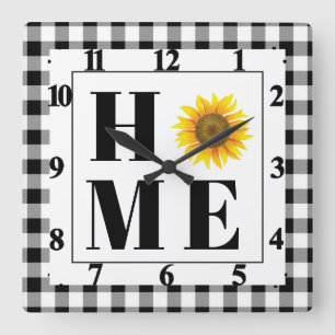 Buffalo check sunflower "Home"   Square Wall Clock