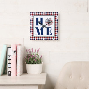 Buffalo check sunflower "Home" Square Wall Clock