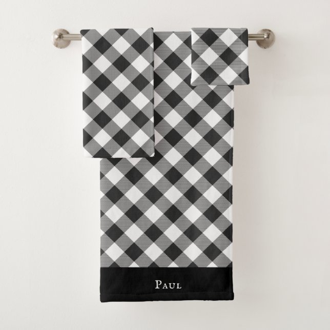 Buffalo Check White and Black Squares Plaid Bath Towel Set (Insitu)