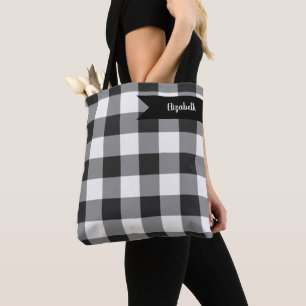 Buffalo Check White and Black Squares Plaid Tote Bag
