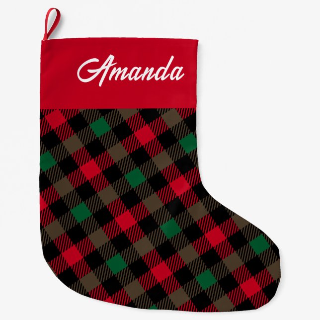 Buffalo Checks Red Green Name Christmas Stocking (Front)