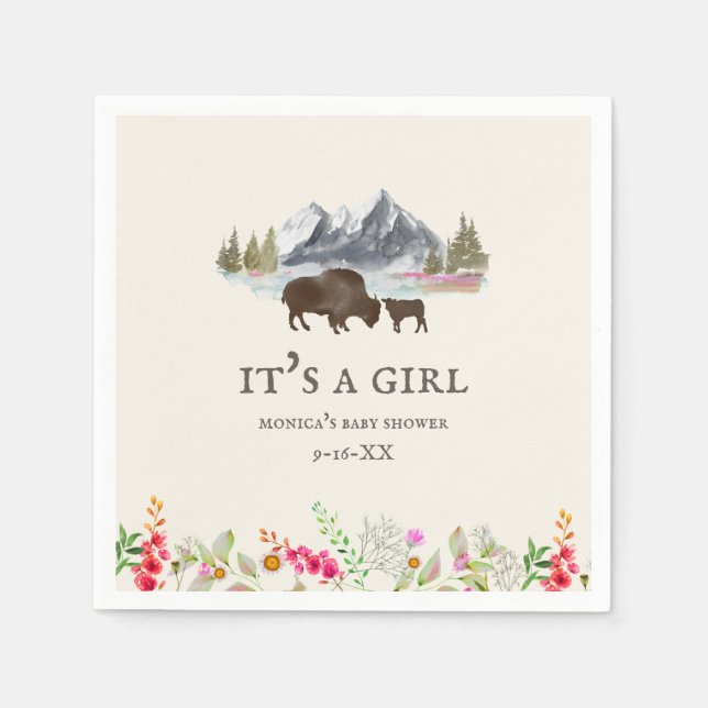 Buffalo Floral Mountains Girl Baby Shower Napkin (Front)