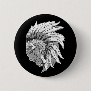 Buffalo Head With indian Headdress 6 Cm Round Badge
